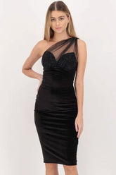 Robe de cocktail mi-longue en tulle pailleté, asymétrique, en velours - Noir